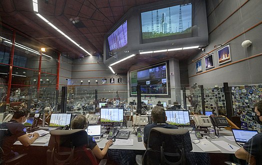 Les opérateurs du centre de contrôle Jupiter 2 lors du lancement du télescope spatial James-Webb en 2021.