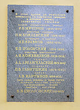 El nombre de Nikolái Kravkov en la tabla conmemortavia con la lista de los alumnos destacados del 1er Gimnasio de Riazán en su antiguo edificio