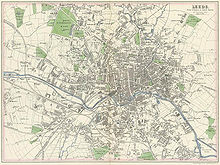 Peta pusat Leeds dan (searah jarum jam dari kiri atas) daerah-daerah pinggiran kota Hyde Park, Woodhouse, Sheepscar, New Leeds, Cross Green, Hunslet, Holbeck, Wortley, Armley dan Burley yang berkembang.