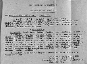 Rapport du 30 avril 1918 concernant la croix de guerre avec palme de René Beille.