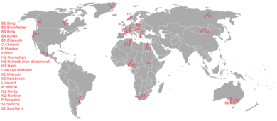 Local winds around the world. These winds are formed through the heating of land (from mountains or flat terrain) Map local winds.png