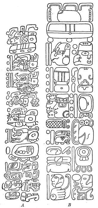 Fig. 75. Drawings of the Initial Series: A, On the Leyden Plate. This records a Cycle-8 date and next to the Tuxtla Statuette Initial Series, is the earliest known. B, On a lintel from the Temple of the Initial Series, Chichen Itza. This records a Cycle-10 date, and is one of the latest Initial Series known.