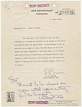 Memorandum from Leslie Groves to George C. Marshall regarding the third bomb, with Marshall's hand-written caveat that the third bomb not be used without express presidential instruction Memorandum from Major General Leslie Groves to Army Chief of Staff George Marshall.jpg
