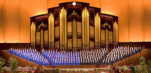 The Church-sponsored Tabernacle Choir at Temple Square has received various awards and has traveled extensively since its inception. Mtchoirandorchestra ConferenceCenter (cropped).jpg