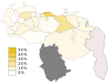 Процент голосов за PJ на региональных выборах 2008 года. Серым цветом обозначен штат Амасонас, в котором партия не участвовала в выборах.