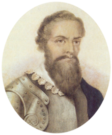 Half-length monochrome portrait of a bearded man with a lace collar over armor