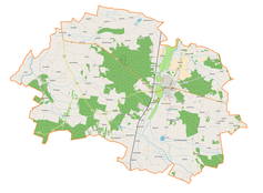 Mapa konturowa gminy Poddębice, po lewej nieco u góry znajduje się punkt z opisem „Borzewisko”