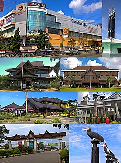 From top, left to right: Shopping complex in Pontianak, The Pontianak Equatorial Monument, Some of the official government buildings, Traditional Malay House, Traditional Borneo birds sculpture, Road gate of Pontianak city, Enggang Badak sculpture.