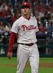 Rhys Hoskins hit two home runs in Game 4. Rhys Hoskins 9 15 18 (cropped).jpg