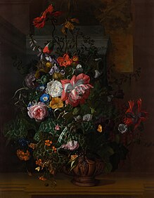 Roses, Convolvulus, Poppies, and Other Flowers in an Urn on a Stone Ledge, 1680s