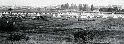 Militärlager im Deutschen Krieg 1866 an der Pfinz. In der rechten Bildhälfte im Mittelgrund ist das noch baumlose Areal des vorderen Bereichs der späteren Wehranlagen