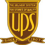 Versions of the UPS shield logo (left to right), the 1916 eagle logo, the c. 1937 logo, Paul Rand's 1961 version, and the modern 2003 rendering
