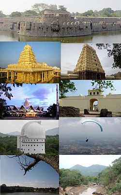 Clockwise from the top: Vellore Fort, Assumption Cathedral, Jalakandeswarar Temple,  Christian Medical College & Hospital, VIT University Campus, Amirthi Zoological Park, Paragliding at Yelagiri and Srilakshmi Golden Temple