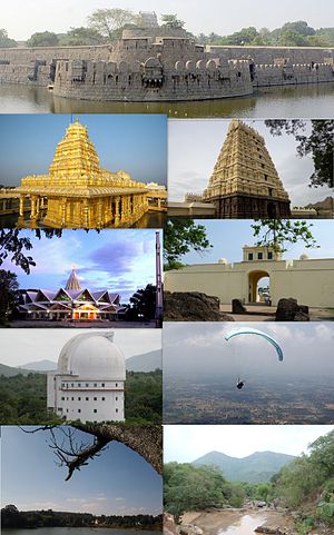 Ikut jam dari atas: Kota Vellore, Kathederal Assumption, Kuil Jalakandeswarar, Vellore