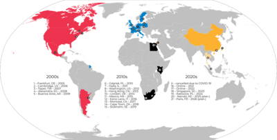 World map showing Wikimania host cities and their countries Wikimanias by year map.png