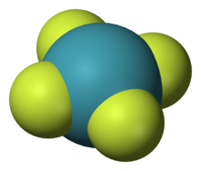 Model molekul kimia planar dengan atom pusat berwarna biru (Xe) yang terikat secara simetris pada empat atom periferal (fluorin).