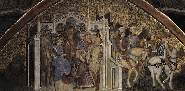 Motif pastiglia dans le ciel doré de la fresque des frères Zavattari (chapelle Theodelinda, Monza).