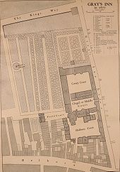 A copy of a 167 map of Gray's Inn. The map is a bird's eye view and shows the buildings, the walks and the surrounding roads