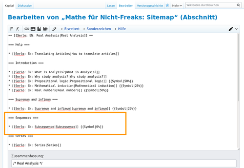 First we visit Mathe_für_Nicht-Freaks:_Sitemap#Real_Analysis, edit it and add an appropriate new article for the translation. In our case we translated the article with "Subsequence". Note that now you need to use the prefix "Serlo: EN: ".