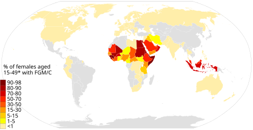 Map showing the % of women and girls aged 15-49 years (unless otherwise stated) who have undergone FGM/C according to the March 2020 Global Response report. Grey countries' data are not covered. 2020 Global Response report FGM world map.svg