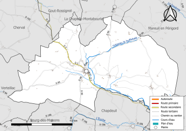 Carte en couleur présentant le réseau hydrographique de la commune