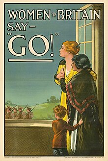 British propaganda poster that depicts women as bravely seeing their men off to war. 7 Collection Eybl Great Britain - E. Kealey - Women of Britain say - GO.jpg