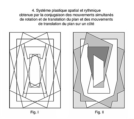 4. Plastic spatial and rhythmic system obtained by the conjugation of simultaneous movements of rotation and translation of the plane and from the movements of translation of the plane to one side Albert Gleizes (after) 4. Systeme plastique spatial et rythmique obtenue par la conjugaison des mouvements simultanes de rotation et de translation du plan et des mouvements de translation du plan sur un cote.jpg