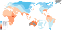 Larger average cranial capacity is correlated with living in cold regions. Brain Size Map.png