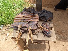 Bushmeat having been smoked in Ghana. In Africa, wild animals including fruit bats are hunted for food and are referred to as bushmeat. In equatorial Africa, human consumption of bushmeat has been linked to animal-to-human transmission of diseases, including Ebola. Bushmeat - Buschfleisch Ghana.JPG