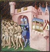 Expulsión de los cátaros de Carcasona (1209) en una ilustración de las Grandes Chroniques de France, ca. 1415.