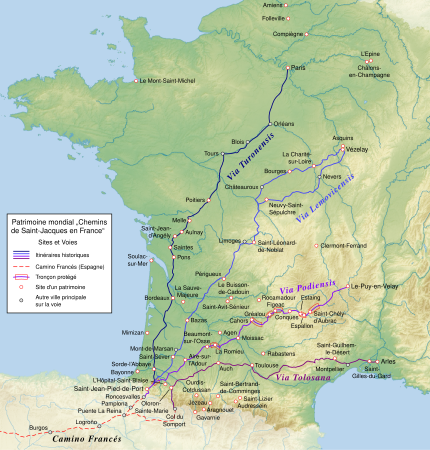 Les chemins de Compostelle contemporains en France.