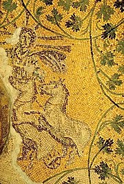 Possible Christ as Sol Invictus riding in his chariot. Third century mosaic in Pope Julii's tomb.