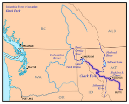 Kort over Clark Fork, og dens vigtigste bifloder, og dens forbindelse til Columbia River via Pend Oreille River.