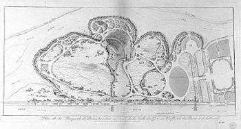 Plan en noir et blanc présentant un projet d'aménagement de la Presqu'île incluant de nombreux aspects paysagers (parc, bassins, fontaines, rochers).