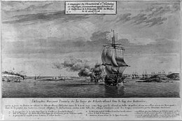 From the left, a coastal town set in the background of a harbor; in the foreground center-right in the approach to the harbor and curving into the right background, a line of French warships, one firing a broadside at the town.