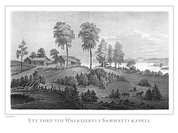Torppa Valkjärven rannalla Zacharias Topeliuksen kirjasarjassa Finland framstäldt i teckningar 1800-luvun puolivälissä.