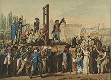 Tableau montrant la décapitation d'une personne. Un homme tient et lève la tête du décapité pour l'exposer à la foule. Des soldats, des bourgeois et des paysans sont mélangés parmi la foule.