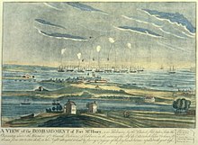 An American flag flying at Fort McHenry following the fort's bombing by the Royal Navy in the Battle of Baltimore in 1814 inspired Francis Scott Key to write the poem that later became the "Star Spangled Banner". Ft. Henry bombardement 1814.jpg