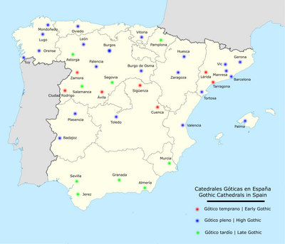 Ages of the main Gothic elements in many Spanish cathedrals. Gothic-cathedrals-spain.png