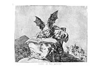 Лист 71: Против общественного блага (Contra el bien general). Крылатый демон сидит на скале и пишет в книгу, книгу судеб или книгу зла.