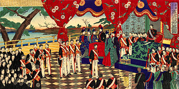 Verkündigung der Verfassung, Japanischer Farbholzschnitt von Chikanobu, 1889