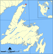 The location of L'Anse aux Meadows in Newfoundland L'Anse aux Meadows map.png