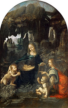 Scène (peinture) dans une grotte d'une femme, d'un ange dont le regard est tourné vers le spectateur et deux bébés