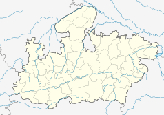 Mapa konturowa Madhya Pradeshu, blisko centrum na dole znajduje się punkt z opisem „Schroniska skalne Bhimbetka”