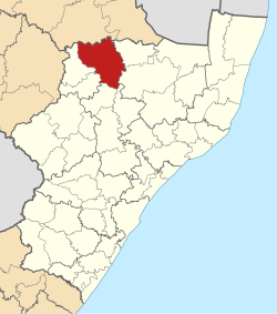 Kaart van Suid-Afrika wat eMadlangeni in KwaZulu-Natal aandui