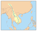 メコン川流域。長江とサルウィン川に挟まれて並走する上流域のチベット高原は深い谷になり、流域はきわめて狭い。