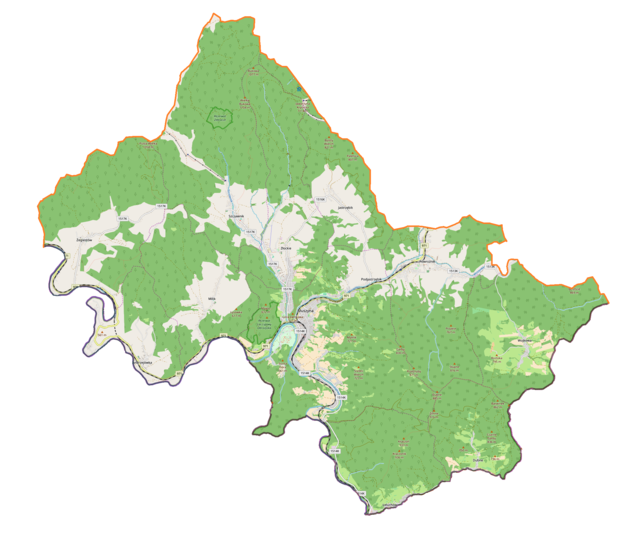 Mapa konturowa gminy Muszyna, w centrum znajduje się punkt z opisem „Muszyna”