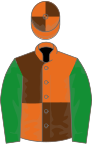 Orange and brown (quartered), green sleeves, orange and brown quartered cap