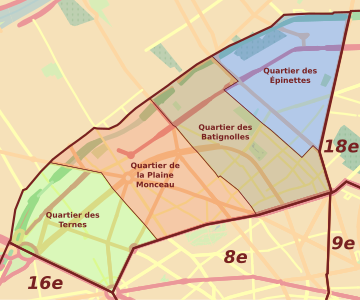 De fyra administrativa distrikten i Paris sjuttonde arrondissement.
