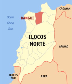 Mapa ng Ilocos Norte na nagpapakita sa lokasyon ng Bangui.